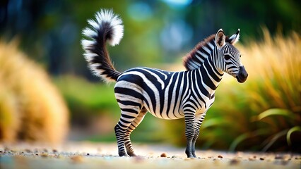 A tilt-shift lens transforms a zebra into a toy, its stripes stark against a blurry background.