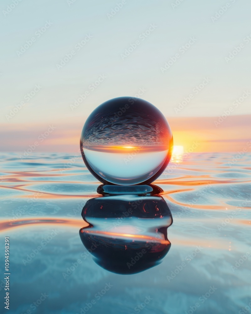 Poster floating abstract glowing sphere above smooth reflective surface minimalist surreal composition tran
