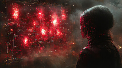 Woman analyzes complex data on a glowing digital interface in a futuristic environment. Generative AI