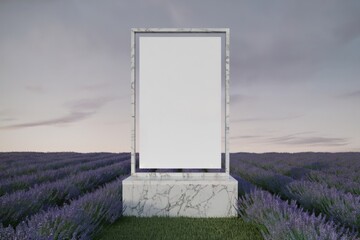 White poster in marble frame on pedestal in lavender field with soft purple grass and muted sky creating a surreal and minimalist natural scene