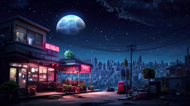 A minimarket with a city view. 4K animated video