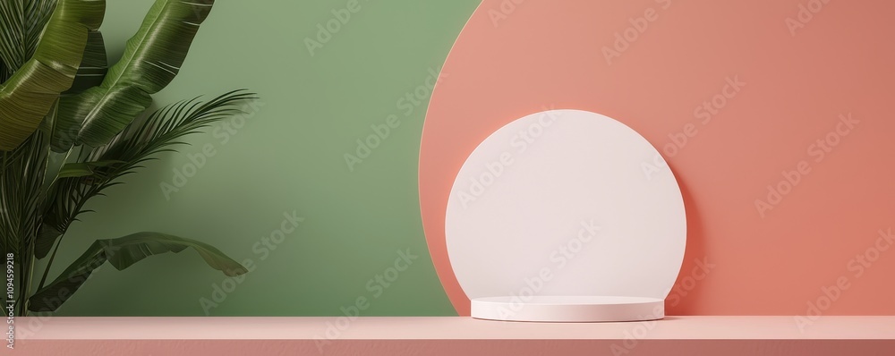 Poster a minimalistic scene featuring a circular object on a shelf against a dual-colored wall, complemente