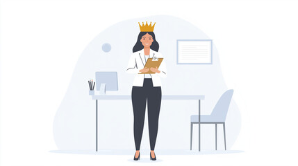 Fototapeta premium A regal businesswoman standing proudly in an office, wearing a golden queen's crown, holding a clipboard, surrounded by minimalistic decor