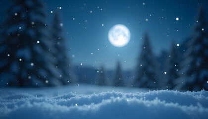 Fototapeta premium Snow-covered landscape with falling snowflakes and full moon shining bright in night sky