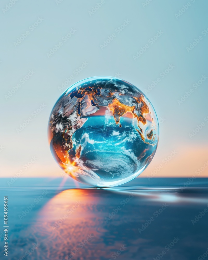 Poster enveloping earth in a glowing bubble an abstract minimalist ing against a soft gradient background