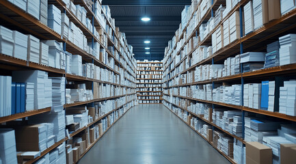 Fototapeta premium Stacks of paper documents and forms on the shelves in an office or warehouse, ready for record-keeping and business information.