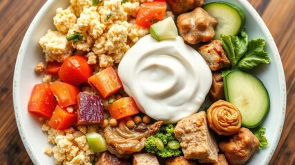 A close-up shot of a plate filled with a variety of textured foods, including crunchy vegetables, smooth yogurt, and chewy meats, colorful