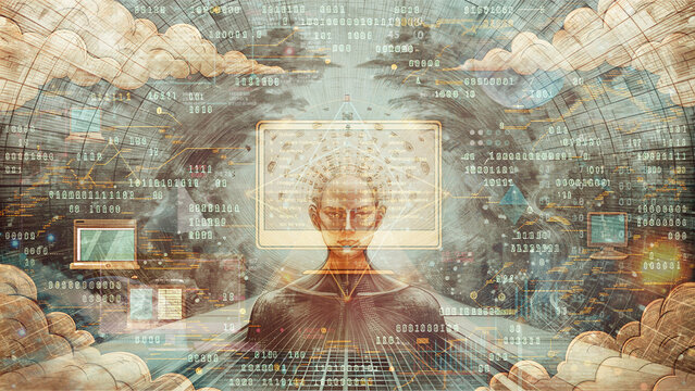 Retro Vintage Darstellung - Intelligenz Technologie und Glaube - Digitale Zukunft der Gesellschaft und Menschheit - Psyche und Wissenschaft - Kommunikation