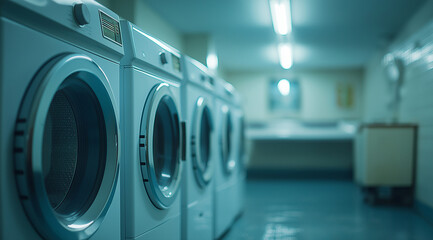 Close-up of white washing machines in a laundry room, simple background,