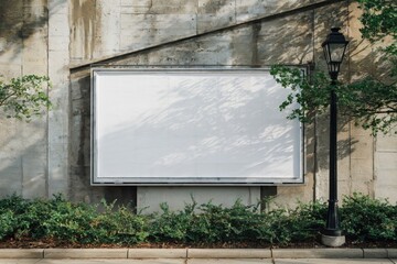 White blank poster on rough concrete wall surrounded by greenery and a black lamppost, natural lighting and shadows adding life and warmth
