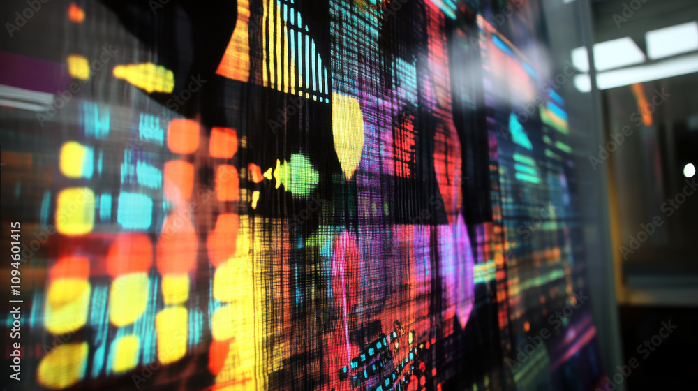 Poster vibrant patterns projected onto fabric create dynamic visual experience, showcasing colorful lights 