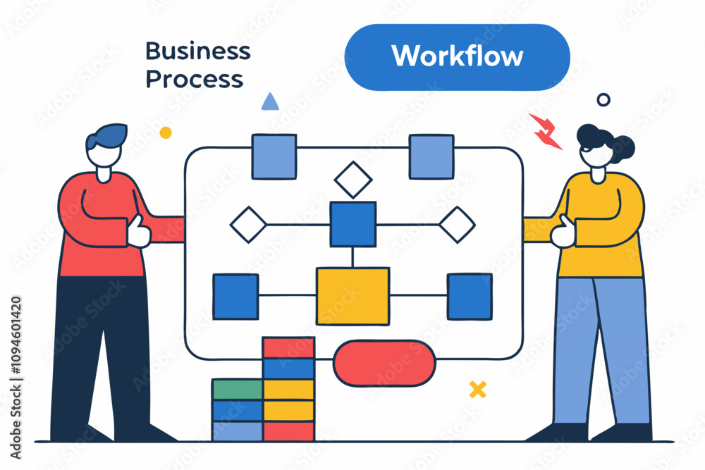 Aufkleber business process, workflow diagram or model design, flowchart to get result, map or plan for busines