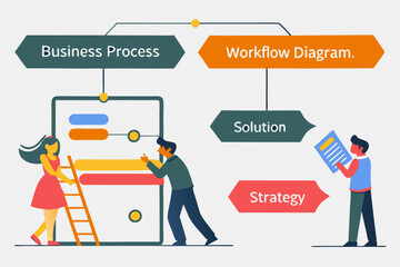 Business Process, Workflow Diagram or Model Design, Flowchart to Get Result, Map or Plan for Business Procedure, Solution, Strategy to Implement Concept, Business People Drawing Workflow Process:
