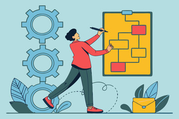 Business Process, Workflow Diagram or Model Design, Flowchart to Get Result, Map or Plan for Business Procedure, Solution, Strategy to Implement Concept, Business People Drawing Workflow Process:
