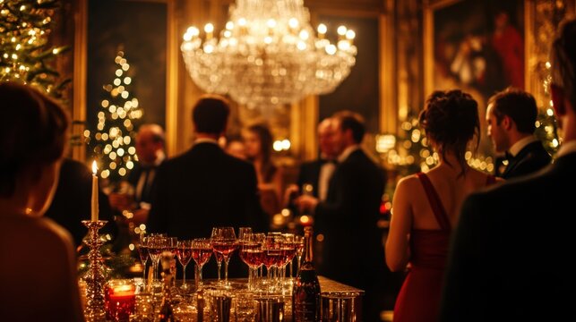 Elegant Christmas Party Guests Enjoying Festive Drinks