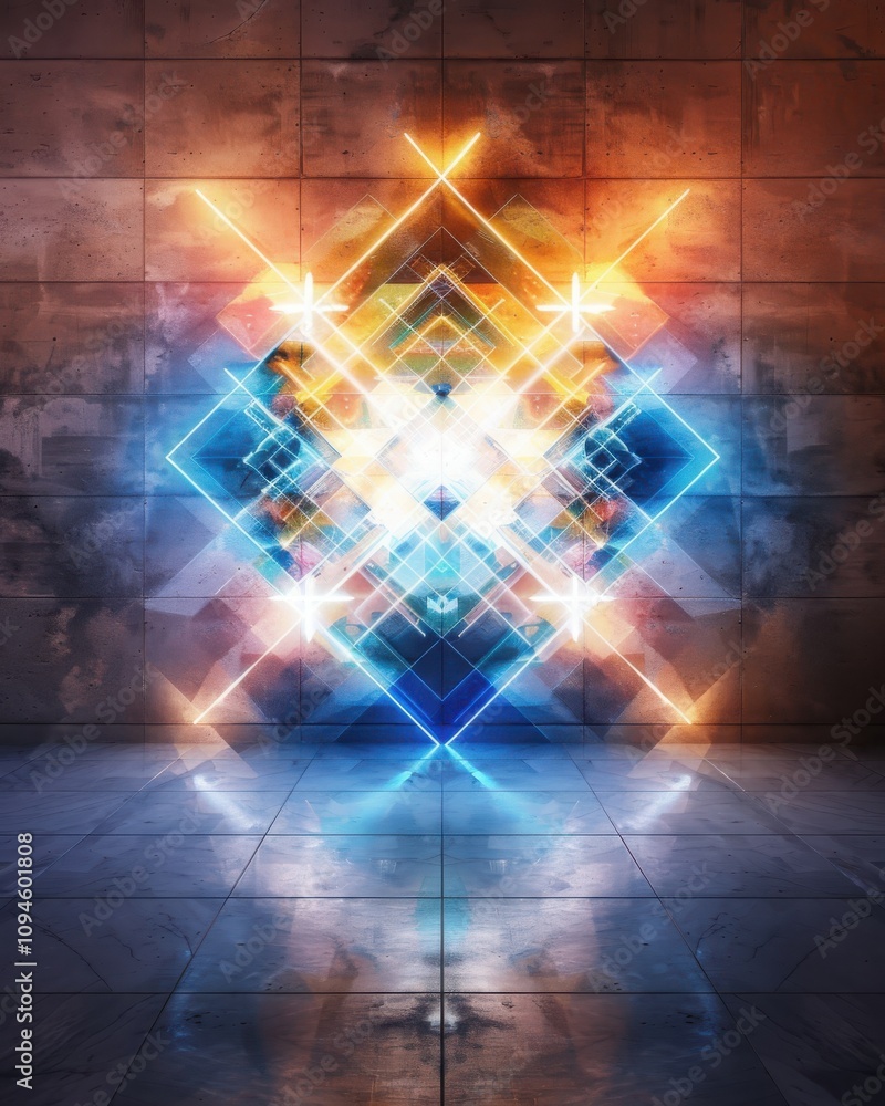 Poster illuminating geometric patterns abstract symmetrical led light arrangement in a modern space