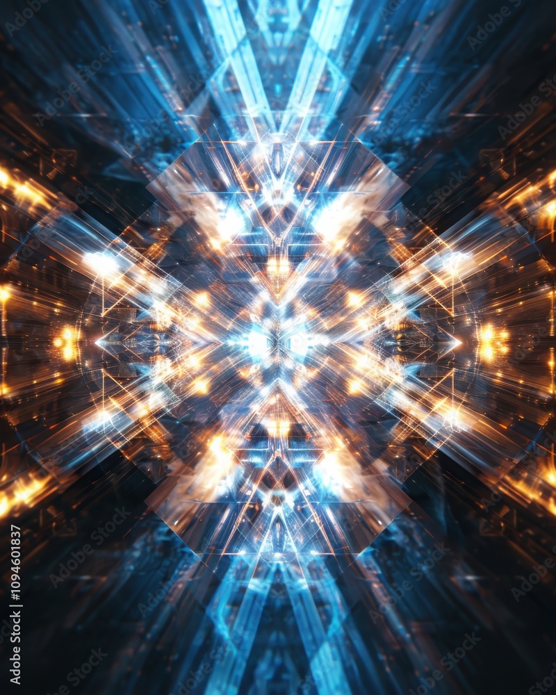 Poster dynamic display of glowing led lights creating symmetrical geometric patterns in a digital art envir