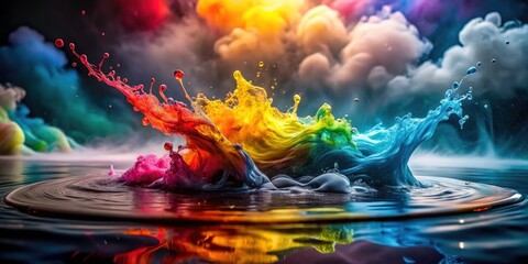 Obraz premium High Angle View of Colorful Water Splashes with Ethereal Smoke Creating a Vibrant Aesthetic, Perfect for Artistic and Abstract Backgrounds, Ideal for Digital Art and Design Projects