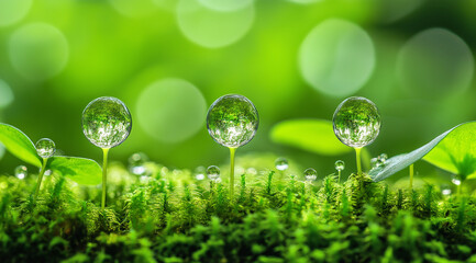 The water droplets on the moss leaves form small, round, and transparent spheres of varying sizes in which they float. The background is blurred greenery.