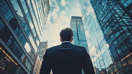 Fototapeta premium Businessman Stands Among Tall City Buildings