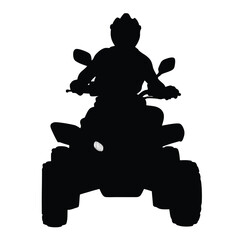 A man is riding a black ATV. The ATV has four wheels and is black in color
