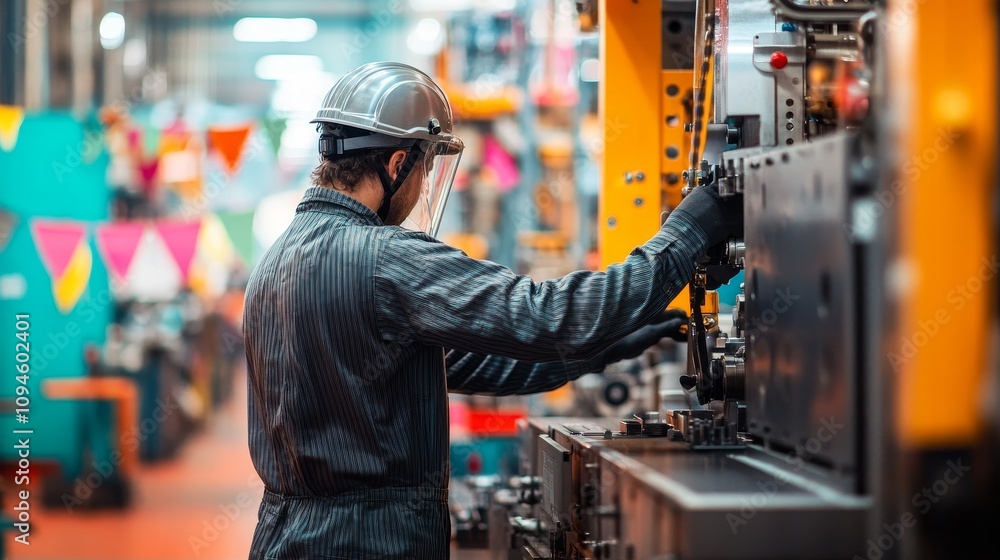 Poster a worker in a factory setting operates a large machine