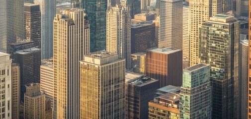 Aerial view of a dense cityscape, showcasing numerous skyscrapers and high-rise buildings. Golden hour sunlight illuminates the structures, creating a warm and vibrant scene.