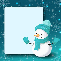 Greeting card with cheerful snowman on a winter background. Illustration with different objects and place for text. Christmas or New Year greeting card, party invitation, card or banner design element