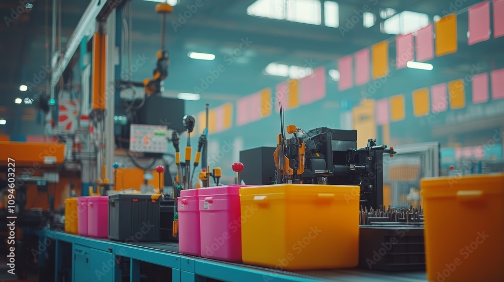 Poster close-up of colored ink containers on an assembly line in a factory