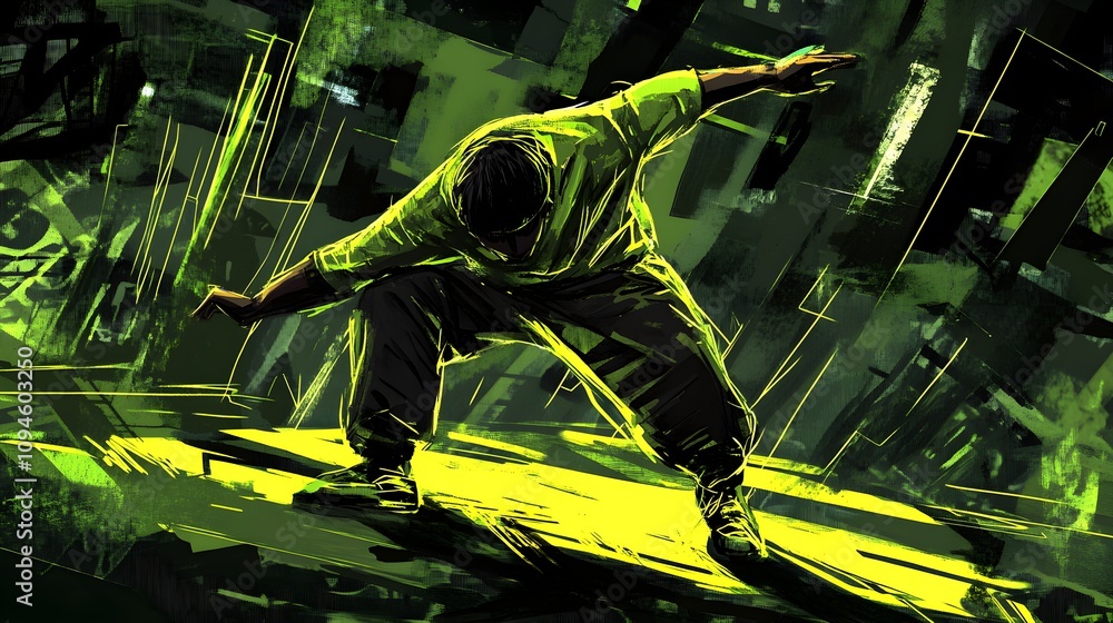 Poster dynamic dance performance urban setting digital art vibrant colors abstract viewpoint expressing mov
