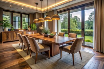Fototapeta premium Modern Dining Room with Wooden Table and Stylish Chairs in a Bright, Welcoming Atmosphere Enhanced by Natural Light and Elegant Decor for a Cozy Dining Experience