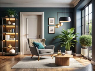 Fototapeta premium Modern Living Room Interior with Stylish Armchair and Elegant Door - Drone Photography for Contemporary Home Design Inspiration