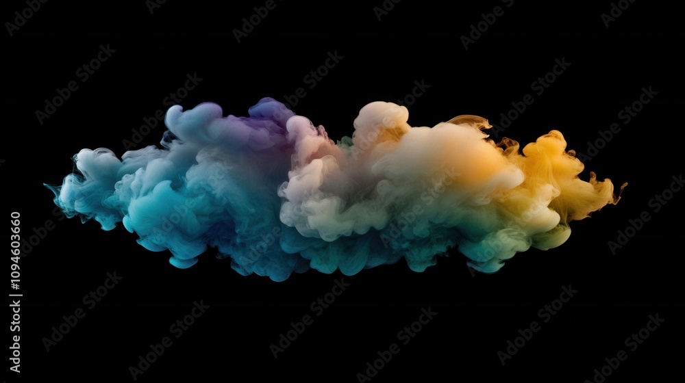 Poster a colorful cloud of smoke against a black background, creating an abstract visual effect.