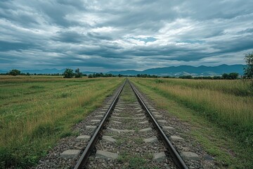 Fototapeta premium Tranquil railway tracks stretch through open fields under a cloudy sky in a rural landscape