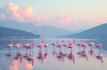 Fototapeta premium vibrant flamingos gracefully standing in a serene lake, with majestic mountains beautifully rising in the background