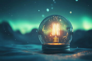 Illuminating Ideas: A Glowing Lightbulb in a Glass Sphere Against a Dreamy Aurora Background