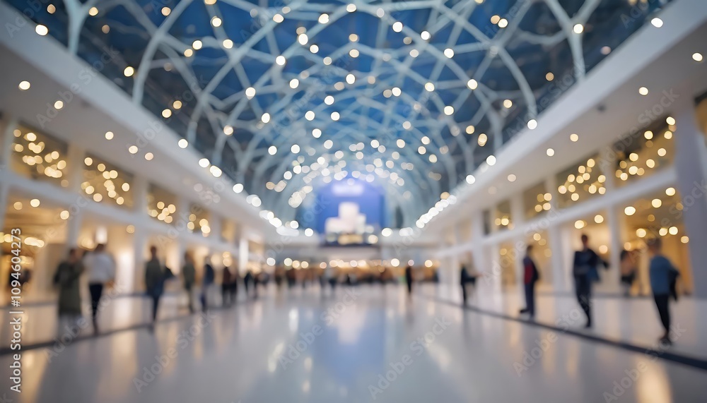 Poster a dynamic background of an expo or convention featuring blurred figures in a bustling exposition hal