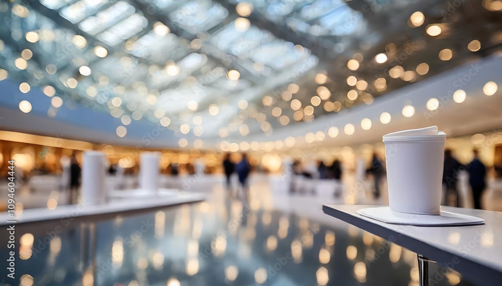Aufkleber Dynamic background of a busy expo or convention setting with blurred individuals walking in an exposition hall, showcasing a vibrant atmosphere and professional networking concept.