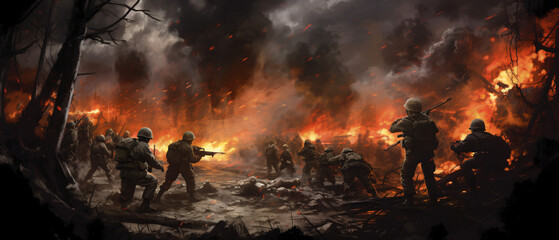 Army at war illustration, military soldiers in action, combat, strategy, battlefield, armed forces, conflict.