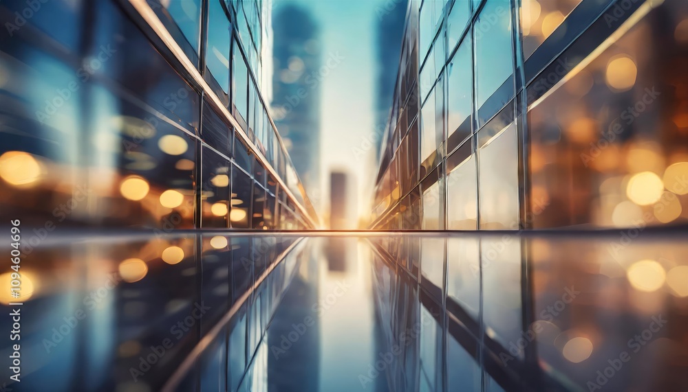 Poster innovative future urban and corporate architecture background with dynamic bokeh motion, highlightin