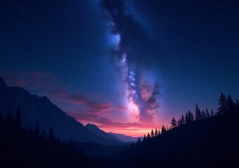 Naklejka premium Majestic night sky illuminated by a vibrant Milky Way over a serene mountain landscape at twilight