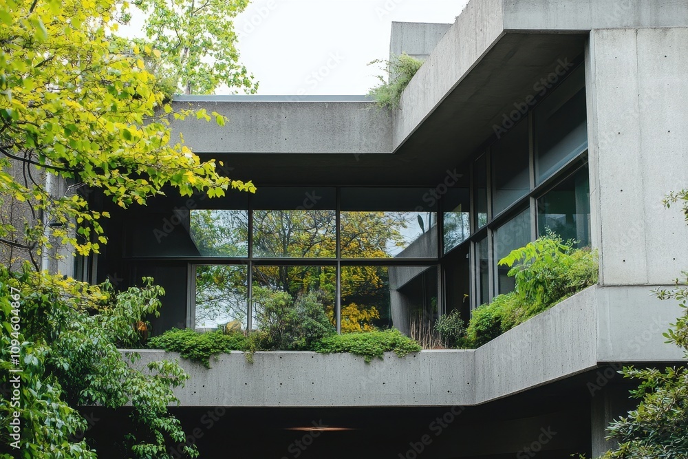 Aufkleber a modern architectural structure with large windows and greenery.