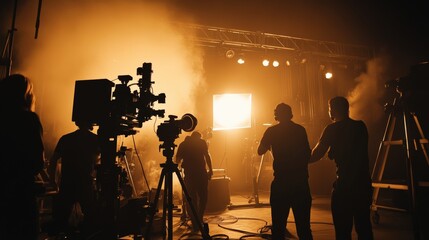Fototapeta premium Film Crew Silhouetted Against Bright Stage Lighting