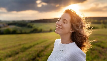 Backlit portrait of a serene and joyful woman with closed eyes, basking in the glow of sunlight, radiating peace, happiness, and freedom in a tranquil outdoor setting. wiÄ™cej treÅ›ci