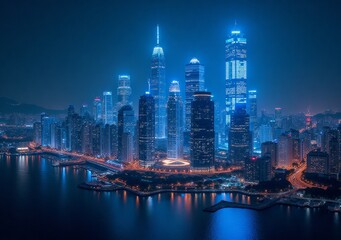 Fototapeta premium Stunning nighttime skyline of a modern metropolis with shimmering lights and waterfront views