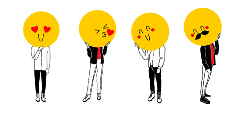 Young people holding large faces emoji instead of heads. Big round colorful heads with different facial expressions. Man showing like and love. Heart love emoji set. Social media emojis.