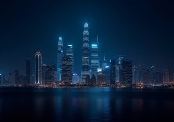 Fototapeta premium Skyline view of modern buildings illuminated at night reflecting in water