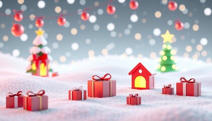 Red gift boxes with a house and Christmas trees in the background on a snowy surface.