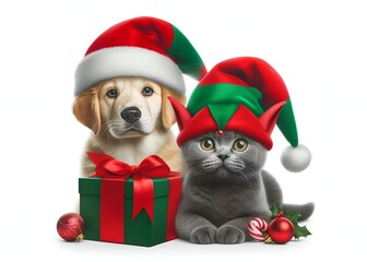 Cats and dogs are dressed in Santa hats and gift boxes to celebrate Christmas.
