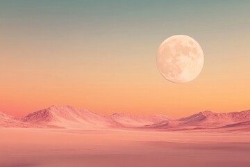 A serene landscape featuring a large moon over soft, pastel mountains at dusk.